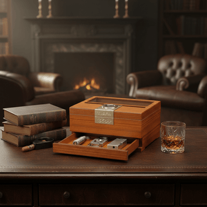 Cave à cigares de bureau en bois noble équipée d'un hygromètre numérique et d'un tiroir à accessoires - 