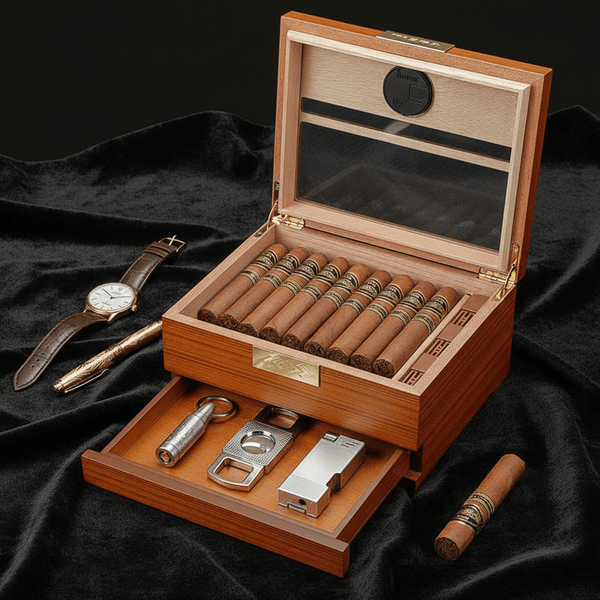 Cave à cigares de bureau en bois noble équipée d'un hygromètre numérique et d'un tiroir à accessoires