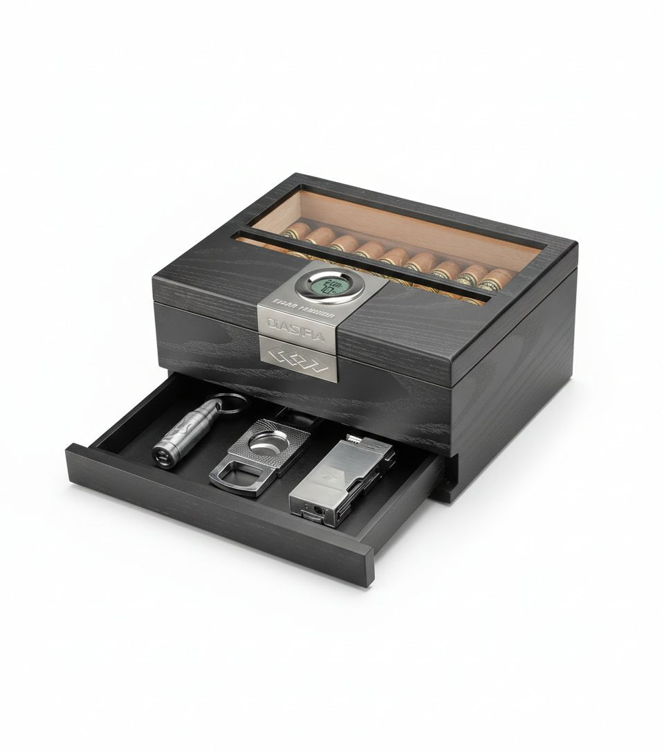 Cave à cigares de bureau en bois noble équipée d'un hygromètre numérique et d'un tiroir à accessoires - 