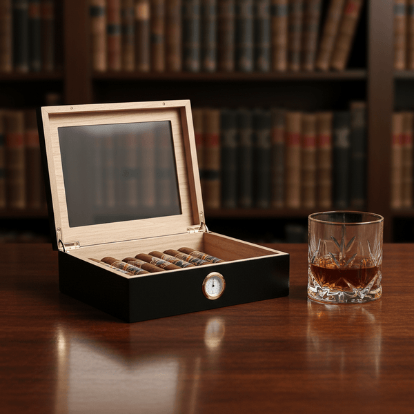 Cave à cigares en bois avec couvercle vitré, hygromètre et humidificateur