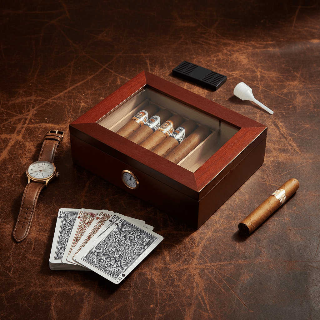 Cave à cigares en bois avec couvercle vitré, hygromètre et humidificateur - 