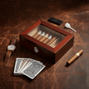 Cave à cigares en bois avec couvercle vitré, hygromètre et humidificateur - 