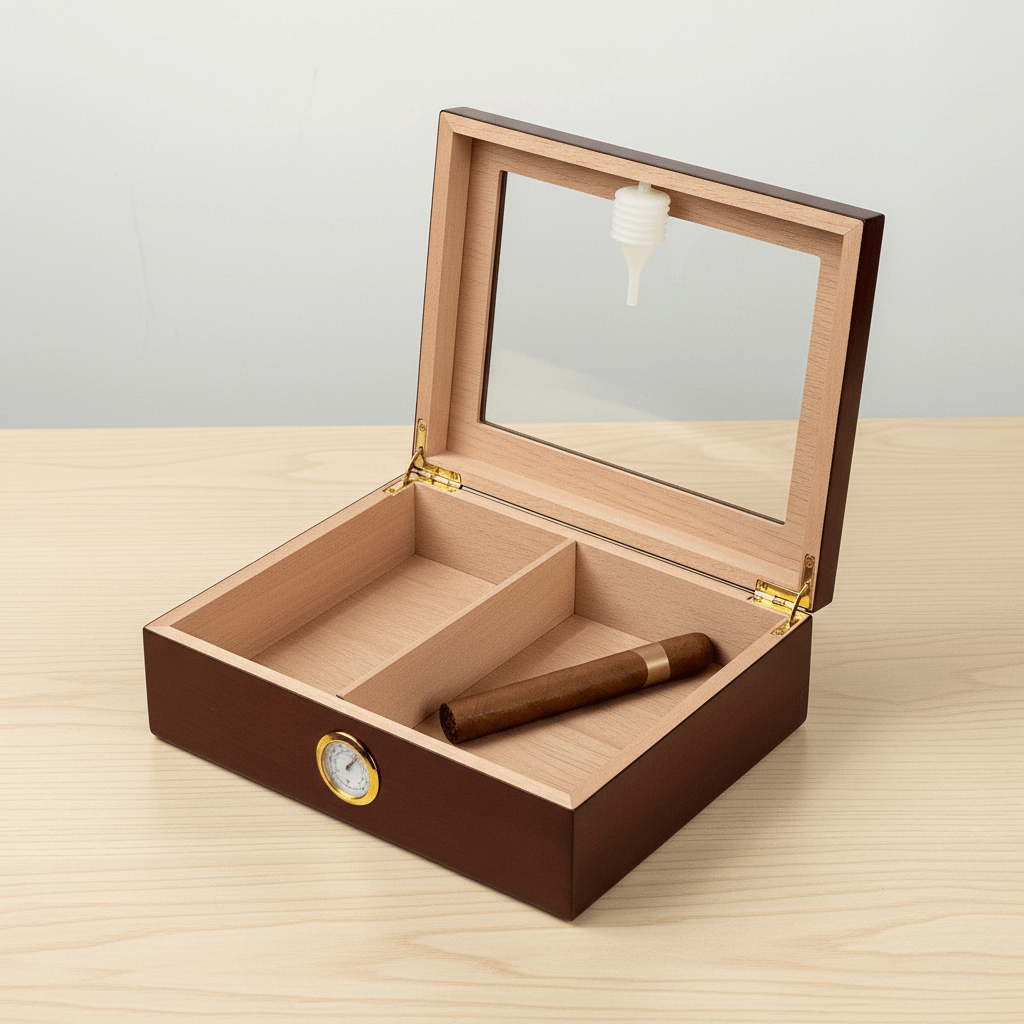 Cave à cigares en bois avec couvercle vitré, hygromètre et humidificateur - 