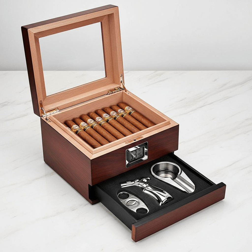 Cave à cigares en bois équipée d'un tiroir à accessoires et d'un hygromètre numérique - 