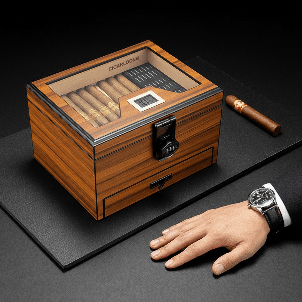 Cave à cigares en bois équipée d'une serrure à code et d'un hygromètre numérique - 