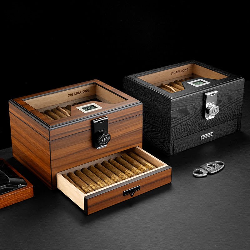 Cave à cigares en bois équipée d'une serrure à code et d'un hygromètre numérique - 