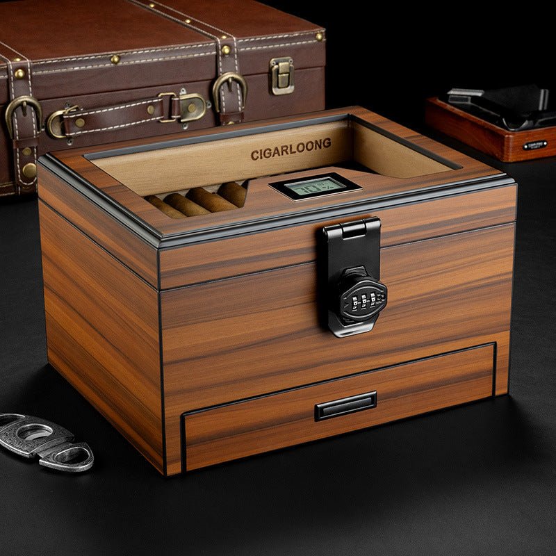 Cave à cigares en bois équipée d'une serrure à code et d'un hygromètre numérique - 