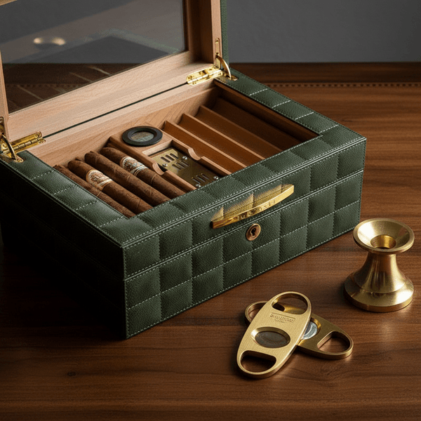 Cave à cigares en cuir matelassé et bois de cèdre équipée d'un hygromètre numérique et d'un humidificateur