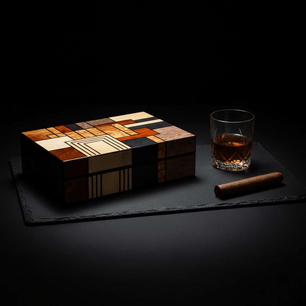 Cave à cigares en marqueterie d'art finition laquée équipée d'un hygromètre et d'un humidificateur - 