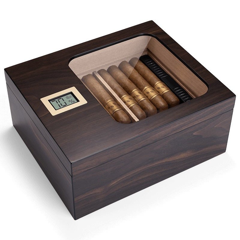 Cave à cigares en placage bois précieux équipée d'un hygromètre numérique et d'une vitrine panoramique - 