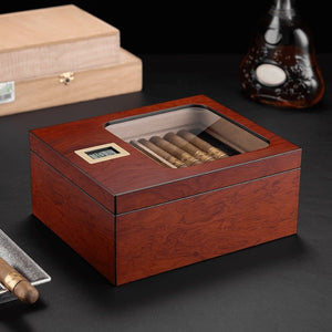 Cave à cigares en placage bois précieux équipée d'un hygromètre numérique et d'une vitrine panoramique - 