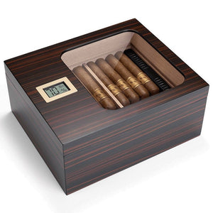 Cave à cigares en placage bois précieux équipée d'un hygromètre numérique et d'une vitrine panoramique - 