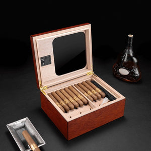 Cave à cigares en placage bois précieux équipée d'un hygromètre numérique et d'une vitrine panoramique - 