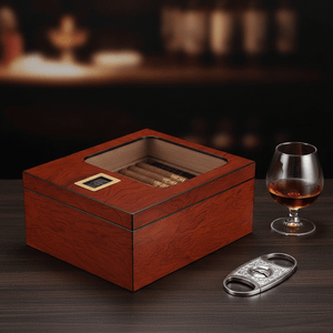 Cave à cigares en placage bois précieux équipée d'un hygromètre numérique et d'une vitrine panoramique - 