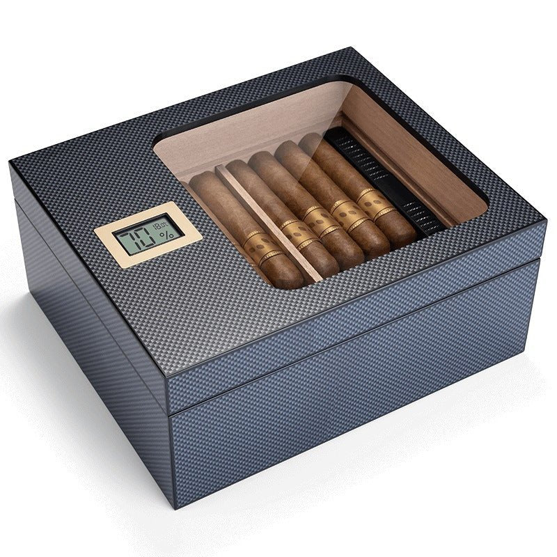 Cave à cigares en placage bois précieux équipée d'un hygromètre numérique et d'une vitrine panoramique - 