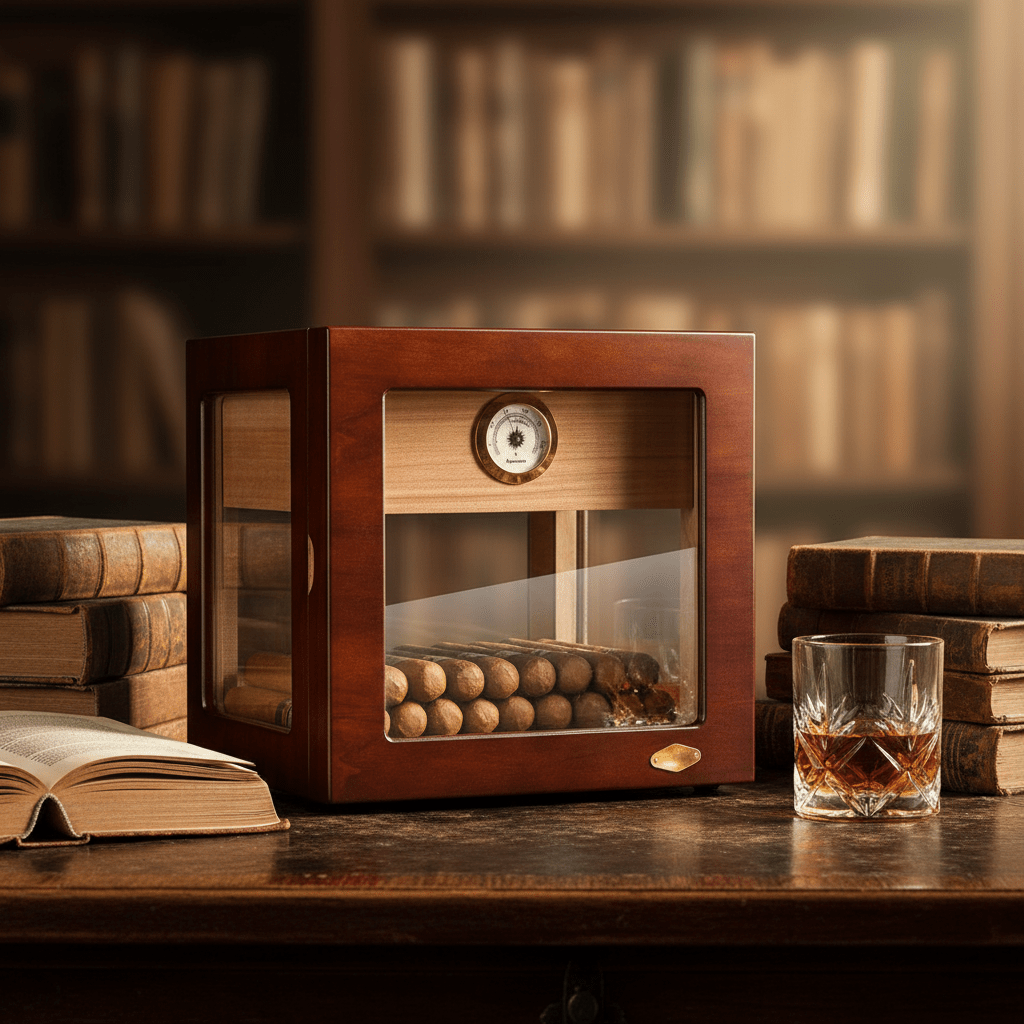 Cave à cigares panoramique en bois de cèdre équipée d'un hygromètre et d'un humidificateur - 