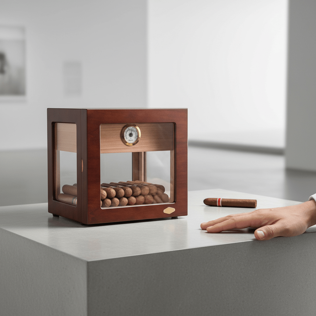 Cave à cigares panoramique en bois de cèdre équipée d'un hygromètre et d'un humidificateur - 