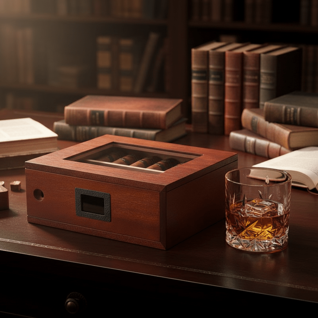 Cave à cigares verticale finition acajou équipée d'un hygromètre digital et d'un couvercle vitré - 