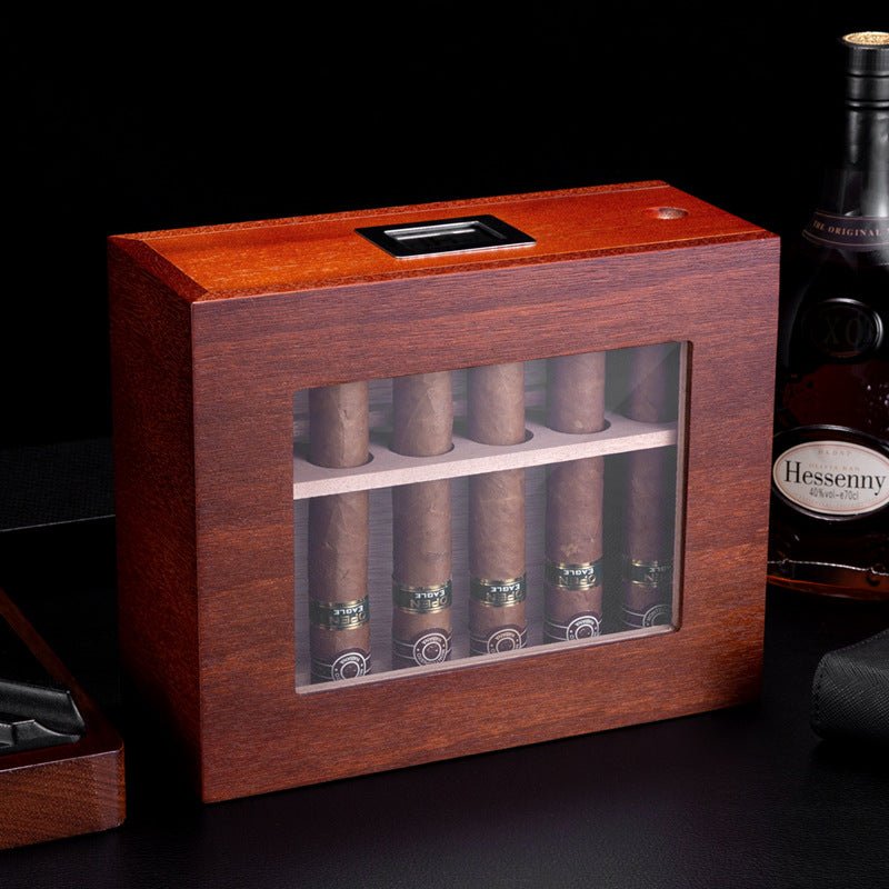Cave à cigares verticale finition acajou équipée d'un hygromètre digital et d'un couvercle vitré - 