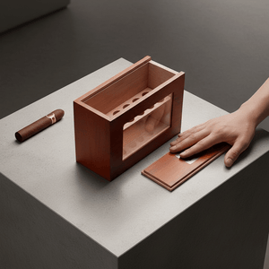 Cave à cigares verticale finition acajou équipée d'un hygromètre digital et d'un couvercle vitré - 