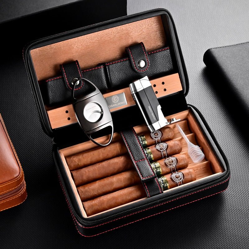 Cave de voyage en cuir gainé, équipée de son coupe - cigare et de son briquet tempête - 