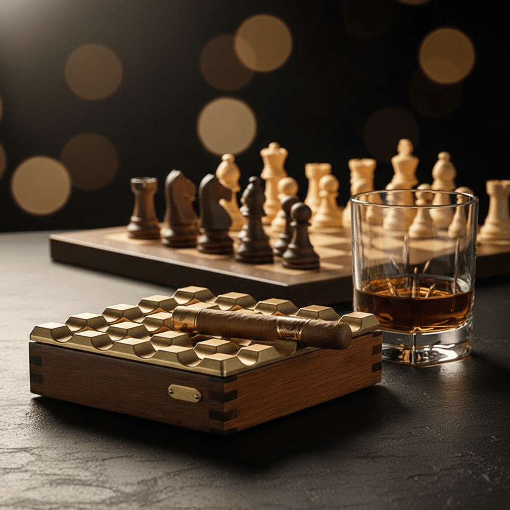 Cendrier carré en bois massif équipé d'un réceptacle en métal et de quatre poses à cigares - 