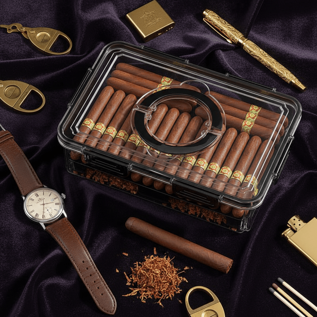 Coffre de vieillissement pour cigares : structure polymère hermétique et finitions cèdre - 