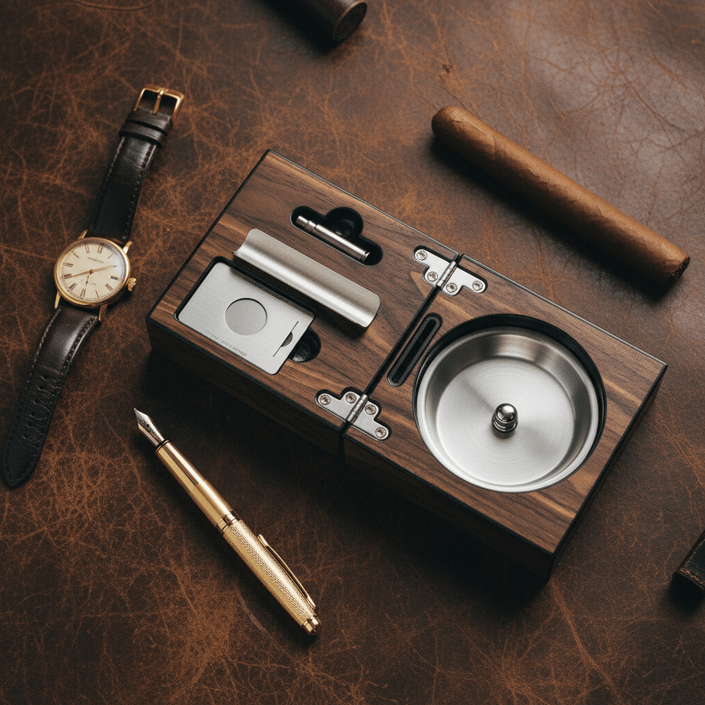 Coffret cendrier à cigares en bois laqué finition noyer, équipé d'un coupe - cigare et d'un perce - cigare - 