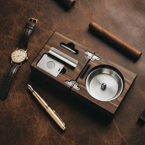 Coffret cendrier à cigares en bois laqué finition noyer, équipé d'un coupe - cigare et d'un perce - cigare - 