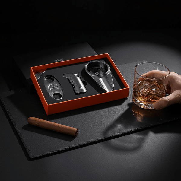 Coffret d'accessoires pour cigare en acier inoxydable, comprenant coupe-cigare, briquet et cendrier