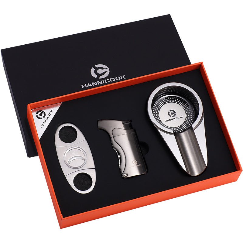 Coffret d'accessoires pour cigare en acier inoxydable, comprenant coupe - cigare, briquet et cendrier - 