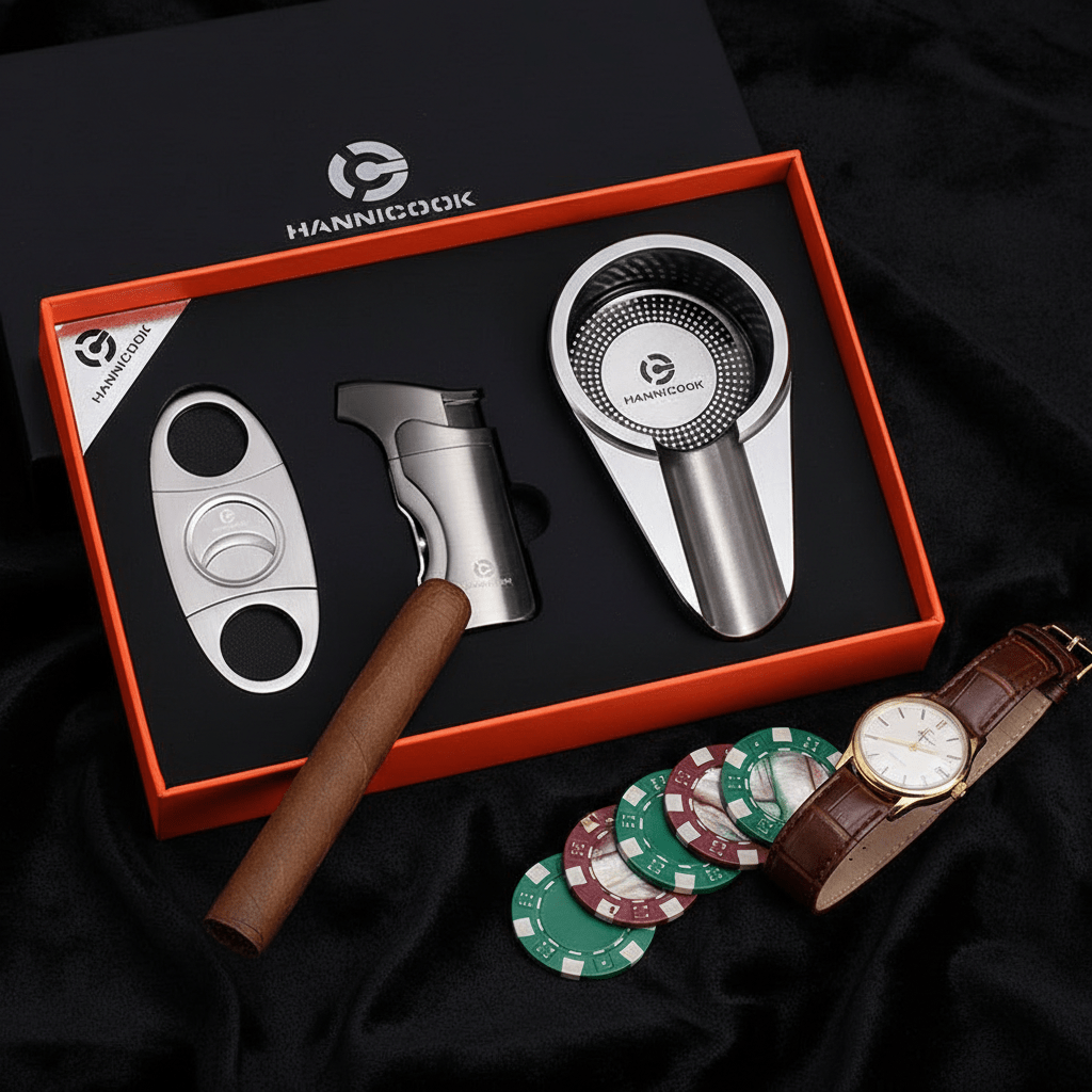 Coffret d'accessoires pour cigare en acier inoxydable, comprenant coupe - cigare, briquet et cendrier - 