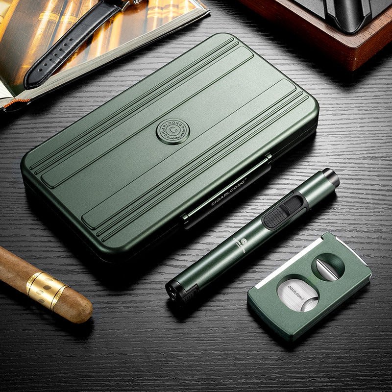 Coffret fumeur en métal avec coupe - cigare, briquet tempête et support - 