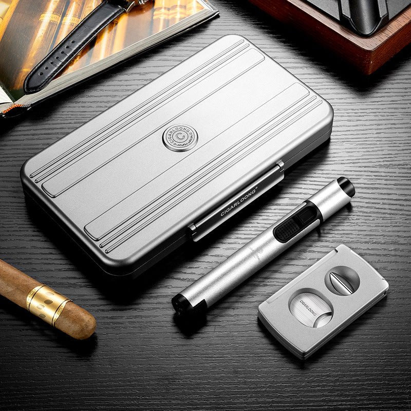 Coffret fumeur en métal avec coupe - cigare, briquet tempête et support - 