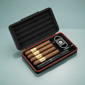 Coffret fumeur en métal avec coupe - cigare, briquet tempête et support - 
