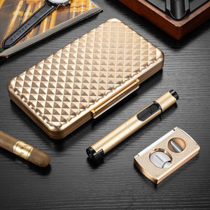 Coffret fumeur en métal avec coupe - cigare, briquet tempête et support - 