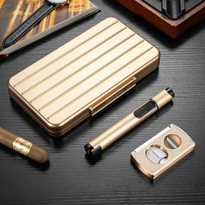 Coffret fumeur en métal avec coupe - cigare, briquet tempête et support - 