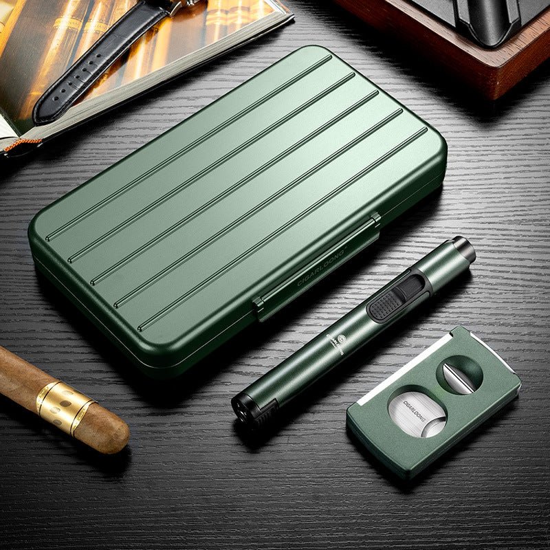 Coffret fumeur en métal avec coupe - cigare, briquet tempête et support - 