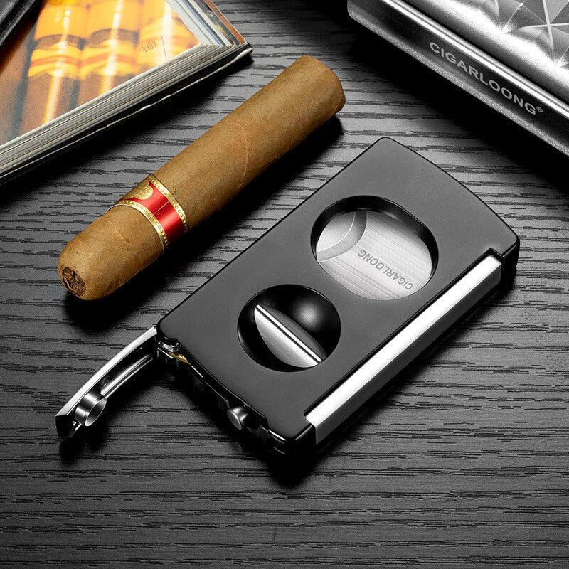 Coffret fumeur en métal avec coupe - cigare, briquet tempête et support - 