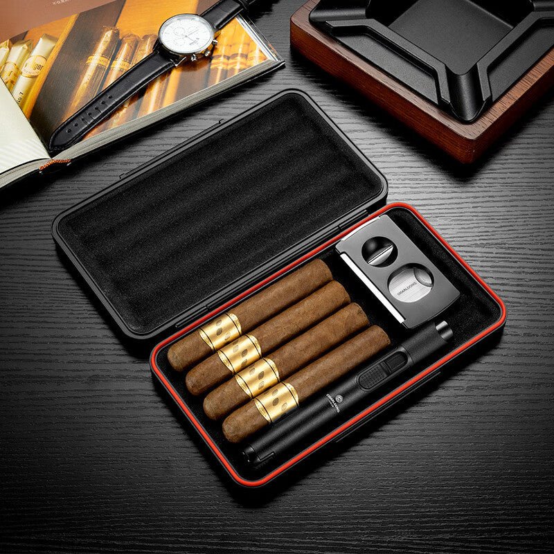 Coffret fumeur en métal avec coupe - cigare, briquet tempête et support - 