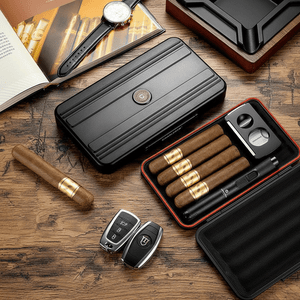Coffret fumeur en métal avec coupe - cigare, briquet tempête et support - 