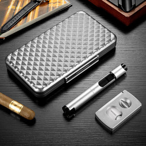 Coffret fumeur en métal avec coupe - cigare, briquet tempête et support - 