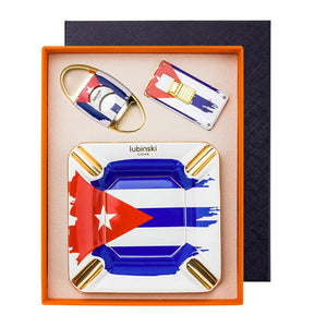 Coffret pour amateur de cigares en céramique et acier, composé d'un briquet tempête, d'un coupe - cigare et d'un cendrier - 