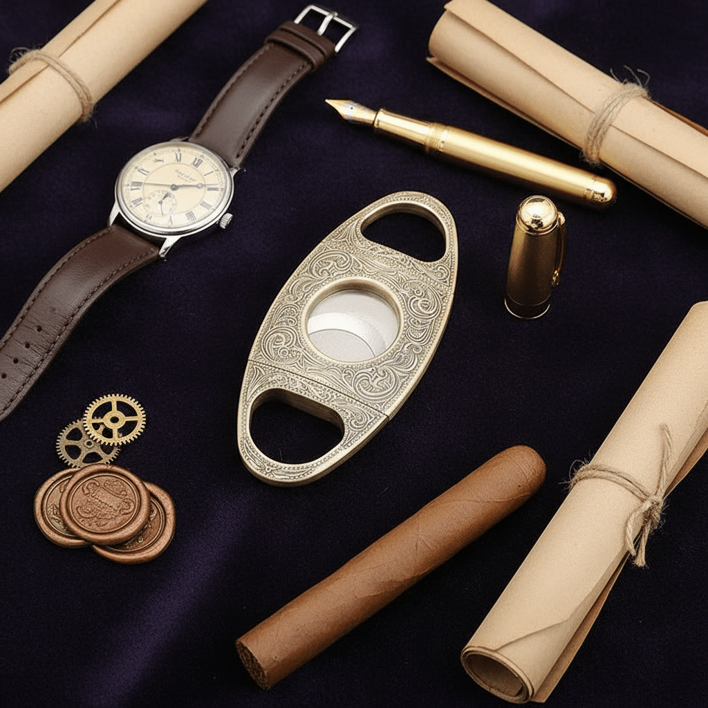 Coupe - cigare guillotine en laiton gravé et son étui de protection - 