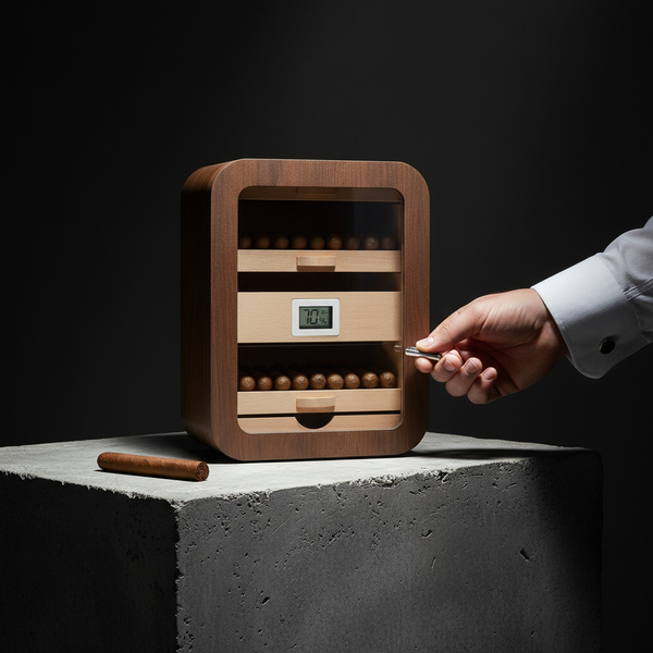 Armoire à cigares verticale en bois précieux équipée de plateaux en cèdre et d'un hygromètre numérique