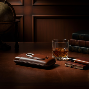 Étui de voyage pour trois cigares en cuir lisse équipé d'une poche frontale et de son coupe-cigare - Mise en situation 3