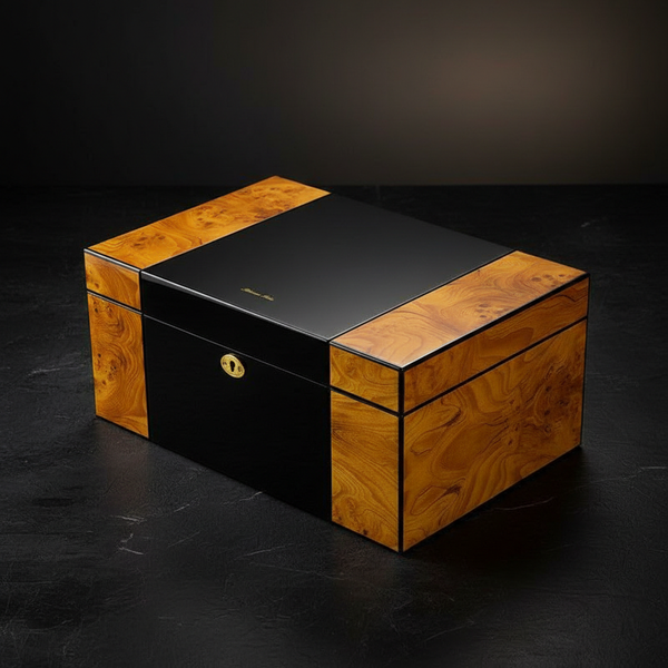 Cave à cigares en loupe de bois et laque noire équipée d'un hygromètre à aiguille et d'un humidificateur amovible