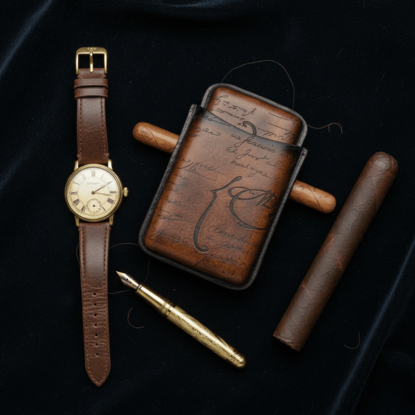 Étui à cigares triple en cuir de vachette gravé motif calligraphie