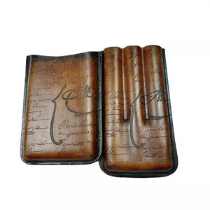 Étui à cigares triple en cuir de vachette gravé motif calligraphie - 