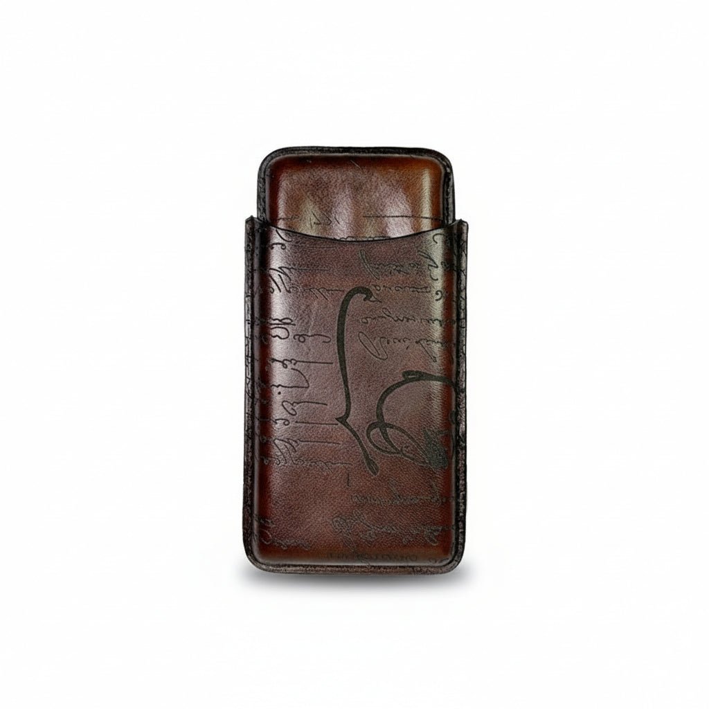 Étui à cigares triple en cuir de vachette gravé motif calligraphie - 